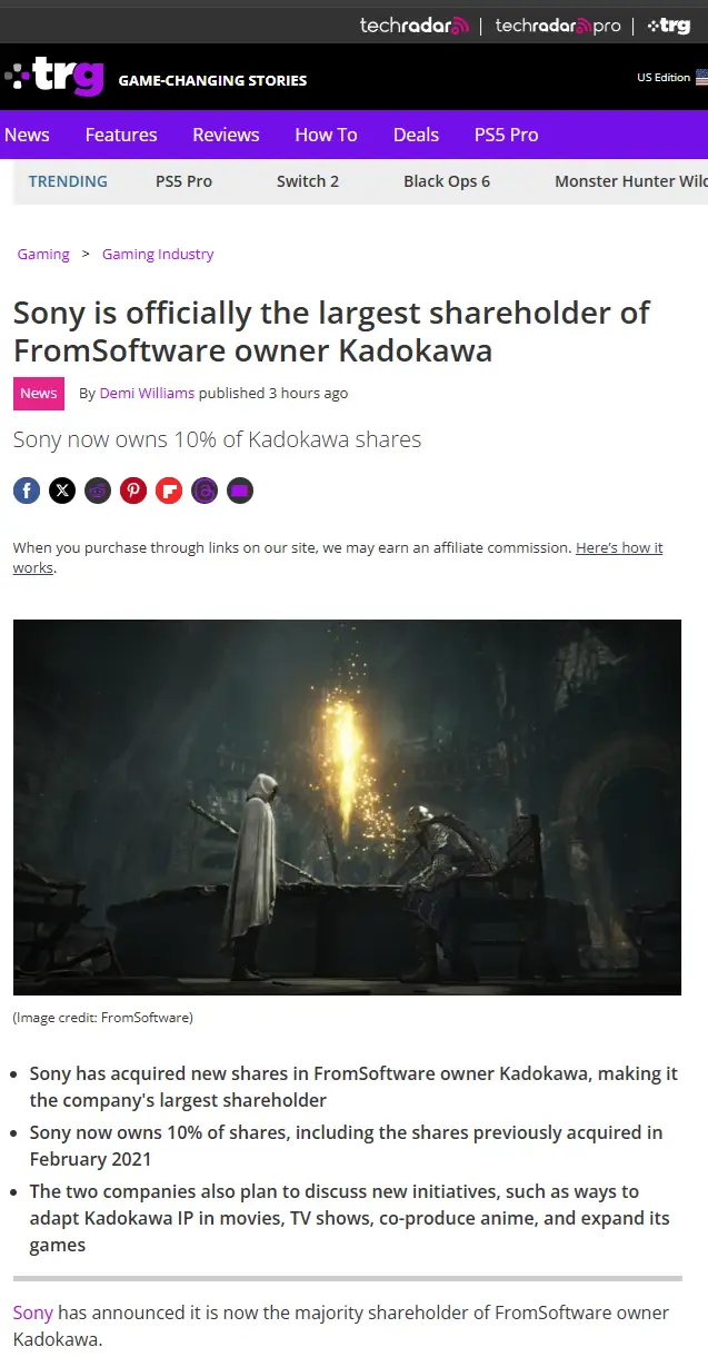A screenshot of a TechRadar news article announcing Sony's acquisition of 10% of Kadokawa shares, making it the largest…