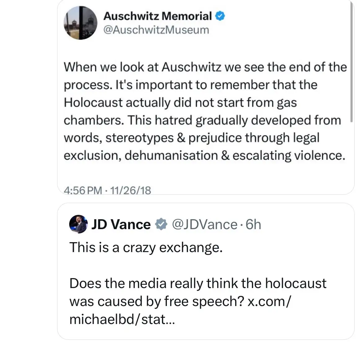 The image shows two tweets. The top tweet from the Auschwitz Memorial account explains that the Holocaust developed from…