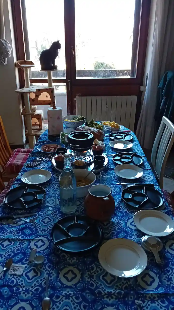 A dining table is set for a meal with plates, bowls, and a fondue pot, but no people are present. A cat sits atop a cat tree…