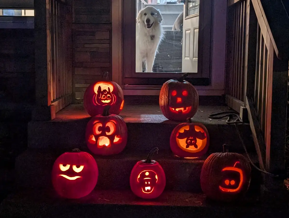 A nighttime photo shows seven glowing jack-o'-lanterns with various carved faces arranged on porch steps. Through the glass…