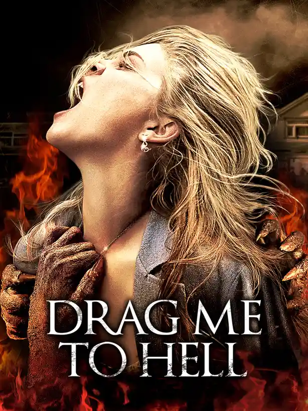 A woman with blonde hair is shown screaming with her head tilted back, surrounded by flames. Her hands are being grabbed by…