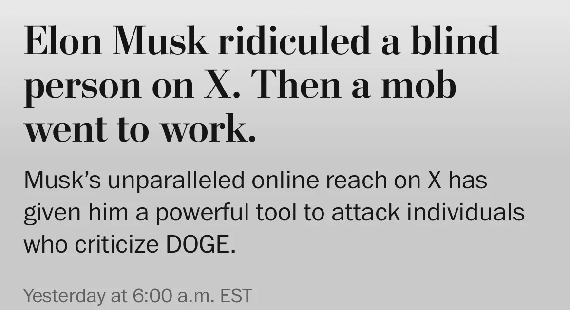 The image displays a gray background with black text mimicking a news article headline. The text reads: 'Elon Musk ridiculed…