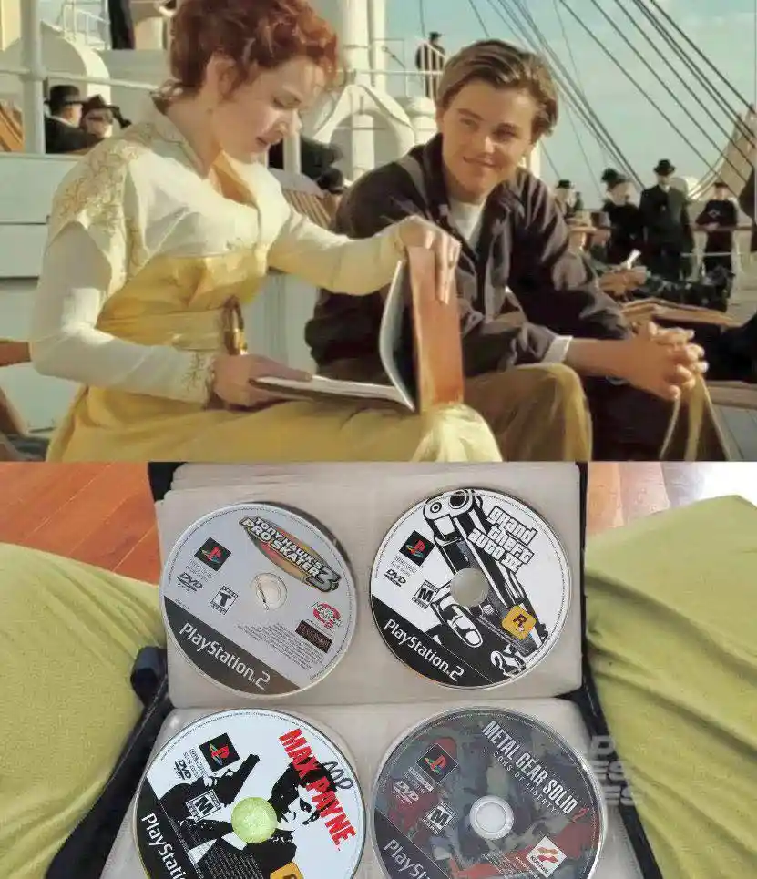 The image is split: top half shows Jack and Rose from Titanic on the ship deck, with Rose holding a book and Jack smiling…