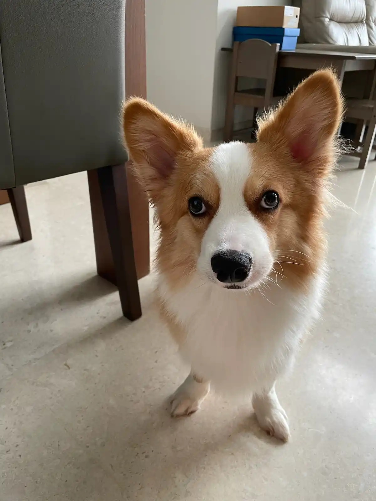 A close-up photo of a tan and white corgi standing on a light-colored tiled floor, looking directly at the camera with…