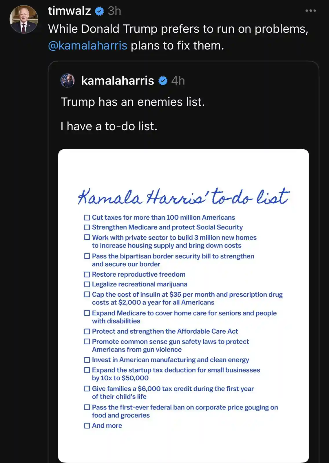 A screenshot of a Twitter thread shows Tim Walz stating that Donald Trump runs on problems while Kamala Harris plans to fix…