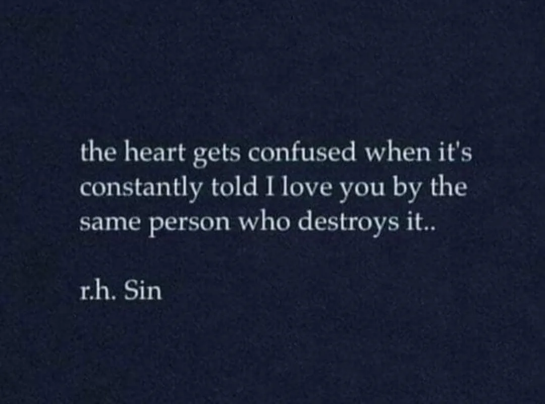 A dark blue textured background displays white serif text quoting r.h. Sin: 'the heart gets confused when it's constantly…