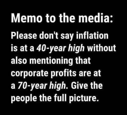 A black background with white text that reads a memo instructing media not to report inflation at a 40-year high without…