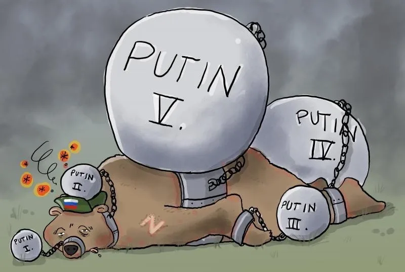 A cartoon bear lies defeated on the ground, chained to five large, numbered boulders labeled 'PUTIN I' through 'PUTIN V'…