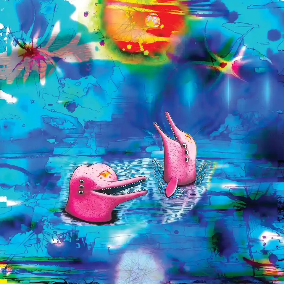 Two pink, cartoonish dolphin-like creatures with three eyes each are depicted in vibrant, abstract blue water under a…