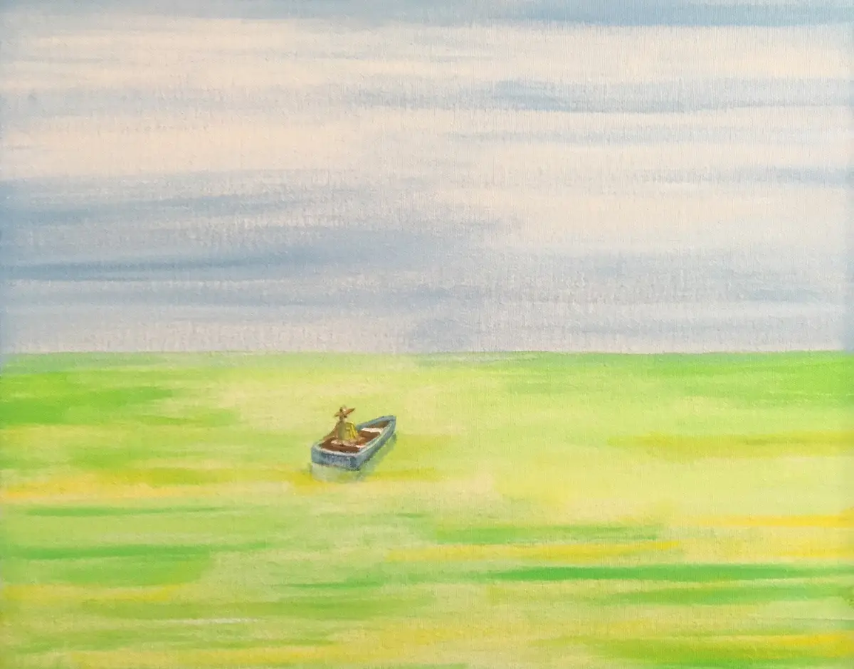A small blue boat with a person wearing a hat sits alone in a vast, flat field painted in shades of green and yellow, under…