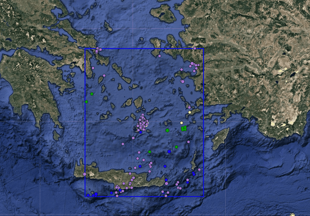 A composite image showing a satellite map of the Greek islands, then zoomed in to reveal a dense cluster of dots…
