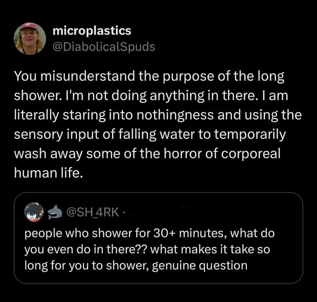 A screenshot of a Twitter thread shows a user named 'microplastics' replying to a question about long showers. The reply…