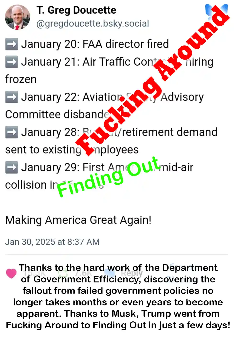 A screenshot of a social media post by T. Greg Doucette detailing a series of FAA-related events from January 20 to 29…