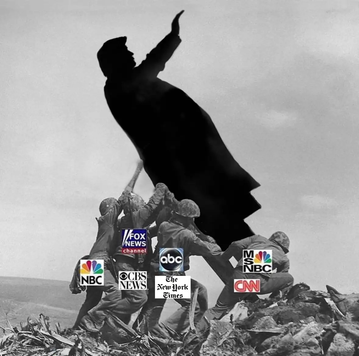 a black and white photo of the iconic 'Raising the Flag on Iwo Jima' depicts soldiers raising a flag, but their bodies are…