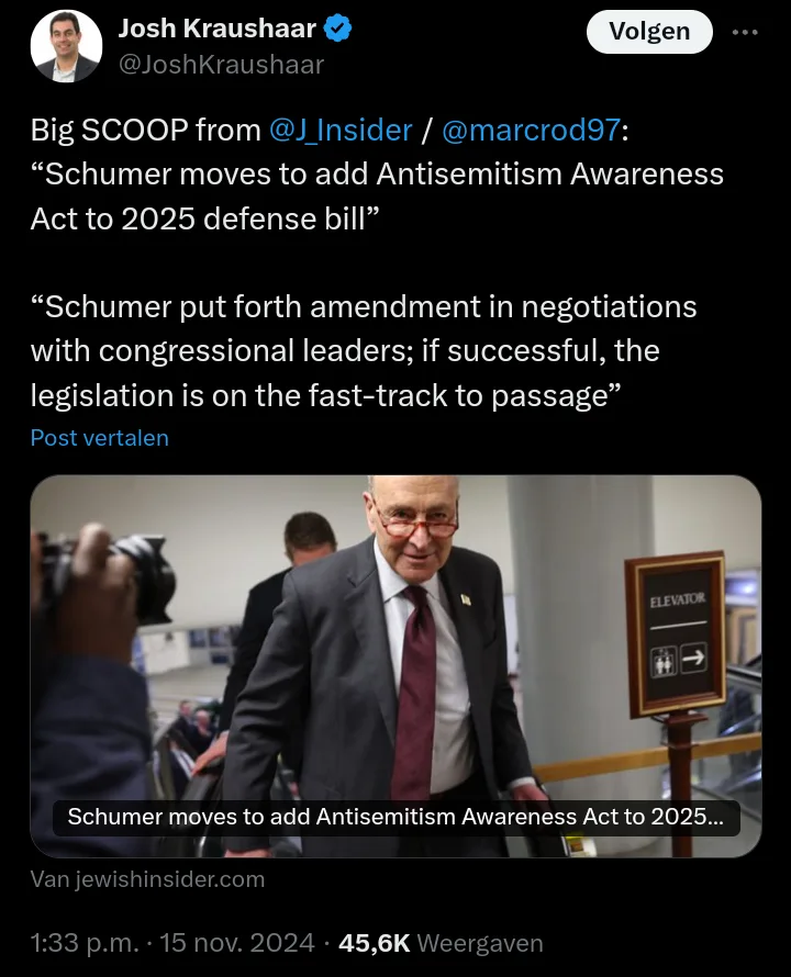 A screenshot of a tweet by Josh Kraushaar showing a photo of Senator Chuck Schumer walking through a hallway. The tweet…