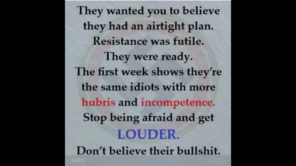 A gray textured background with black text overlaid, featuring a quote that mocks a group's perceived incompetence and urges…