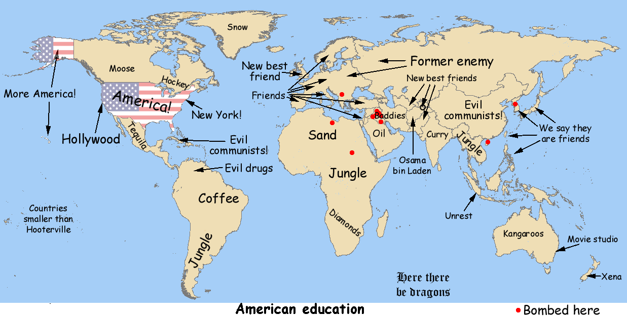 A world map labeled 'American education' with arrows pointing from the U.S. to other countries with humorous, stereotypical…