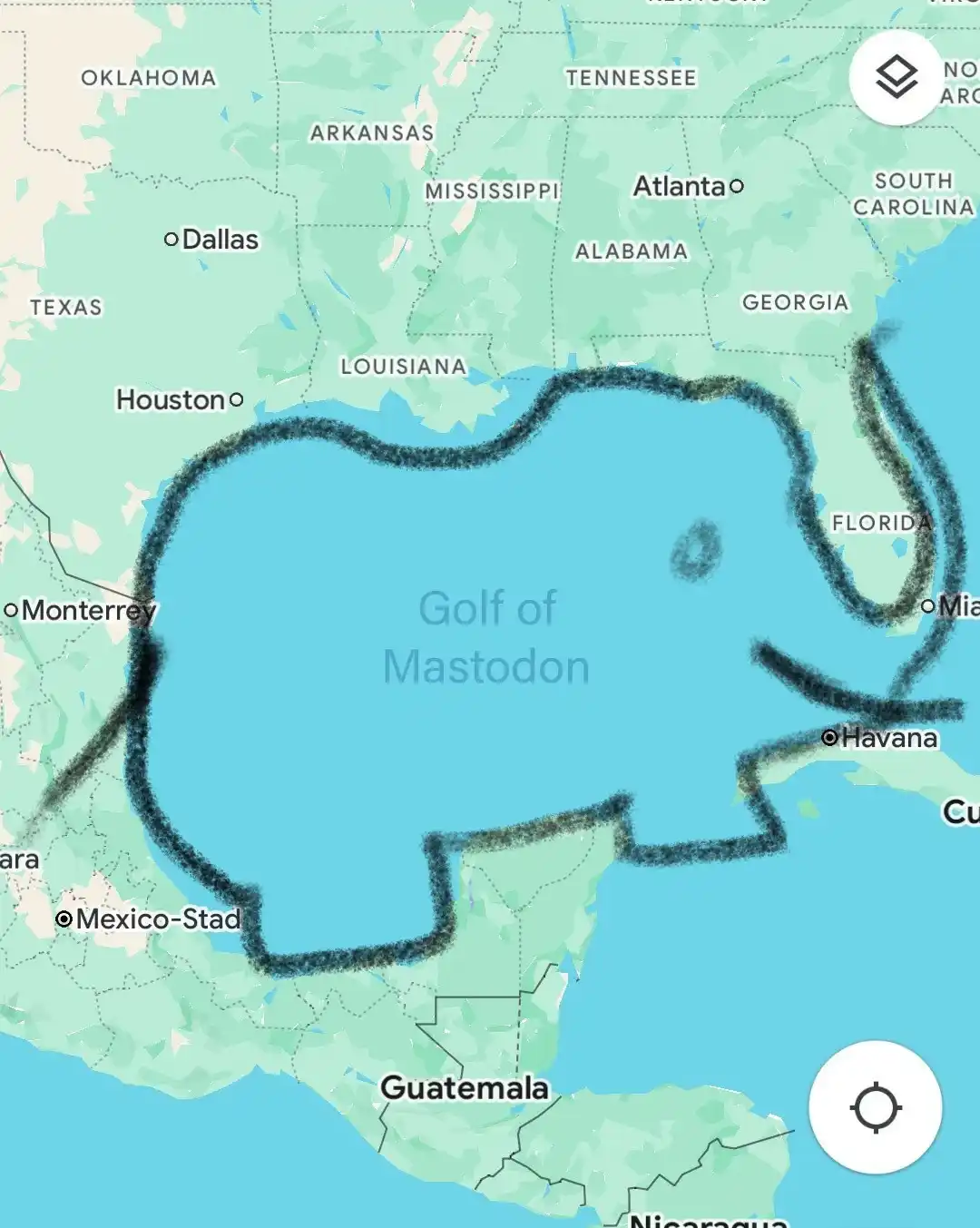 A map of the Gulf of Mexico with a crude black outline of an elephant drawn over it, labeling the body of water as 'Gulf of…