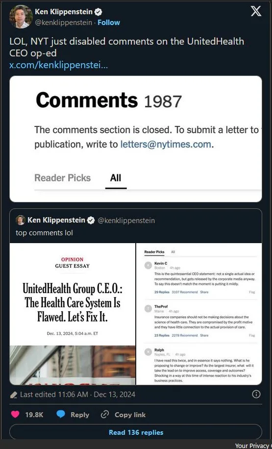 A screenshot of a tweet by Ken Klippenstein showing a New York Times opinion piece titled 'UnitedHealth Group C.E.O.: The…