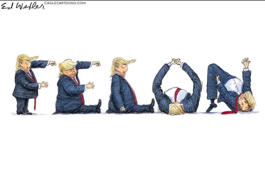 A cartoon by Ed Weller shows a caricature of Donald Trump in five sequential panels, starting standing and progressively…