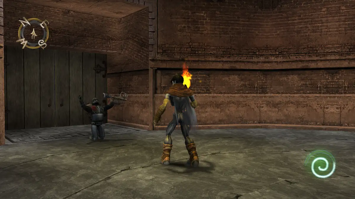 In a video game scene, one character kneels with arms raised in surrender while another character stands with a flaming…