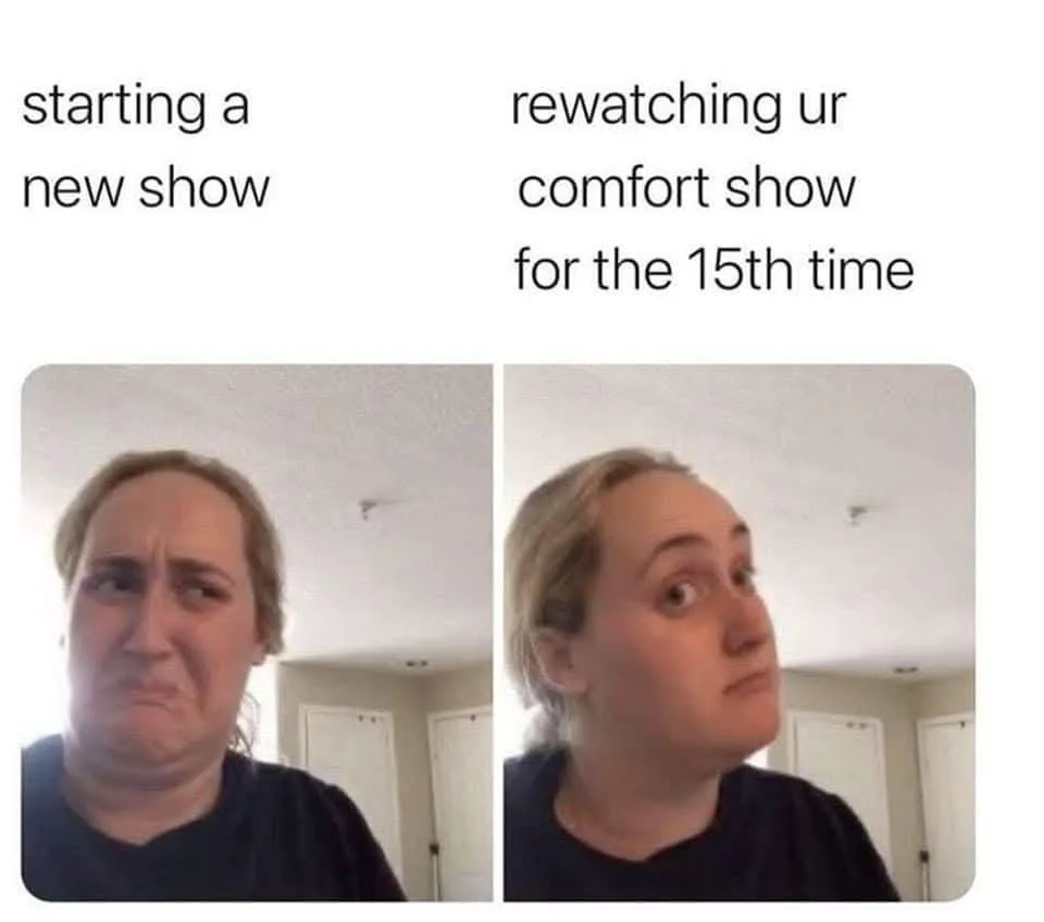 The image is split into two panels showing the same woman in a room. In the left panel, she has a skeptical, unimpressed…