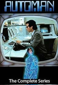 A vintage TV show cover for 'Automan' featuring a man in a suit sitting at a futuristic control panel inside a cockpit-like…