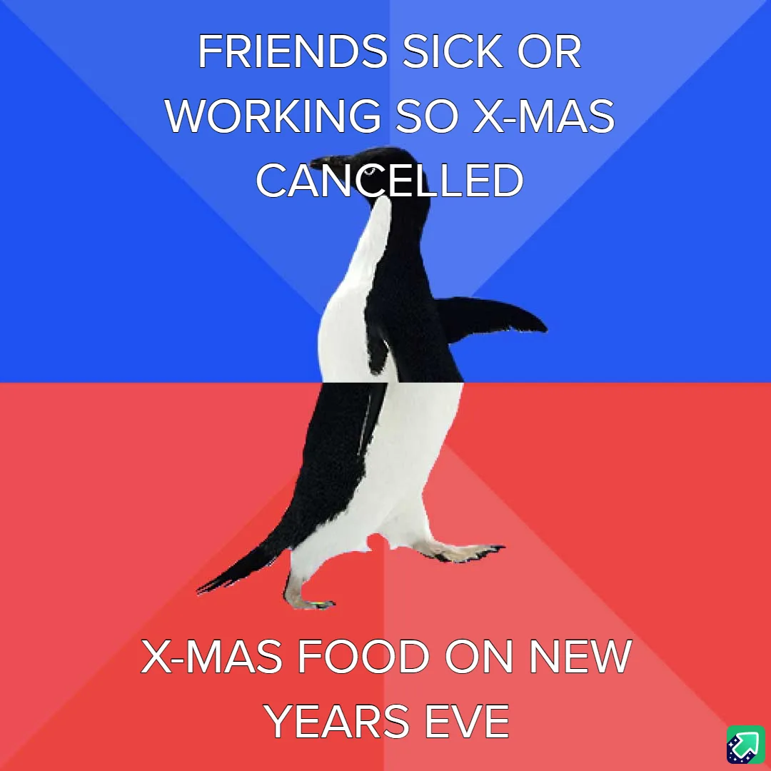 A penguin stands centered against a split background of blue and red, with white text overlaid. The top text reads 'FRIENDS…