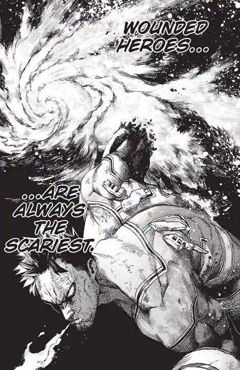 A black-and-white manga panel shows a muscular, injured hero lying on his back, surrounded by a swirling vortex of debris…
