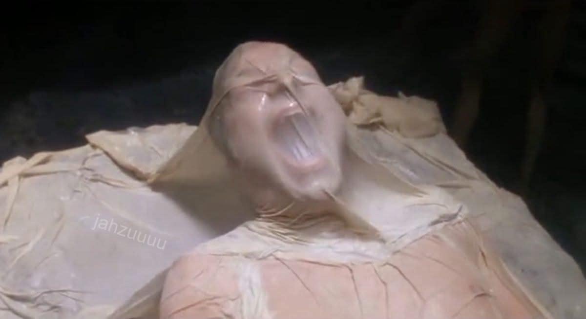 A person is shown lying down, completely wrapped in beige cloth or paper, with their head and face exposed. Their mouth is…