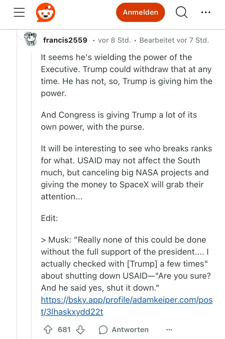 A Reddit comment screenshot showing a user named francis2559 discussing how Trump is giving power to others by not…