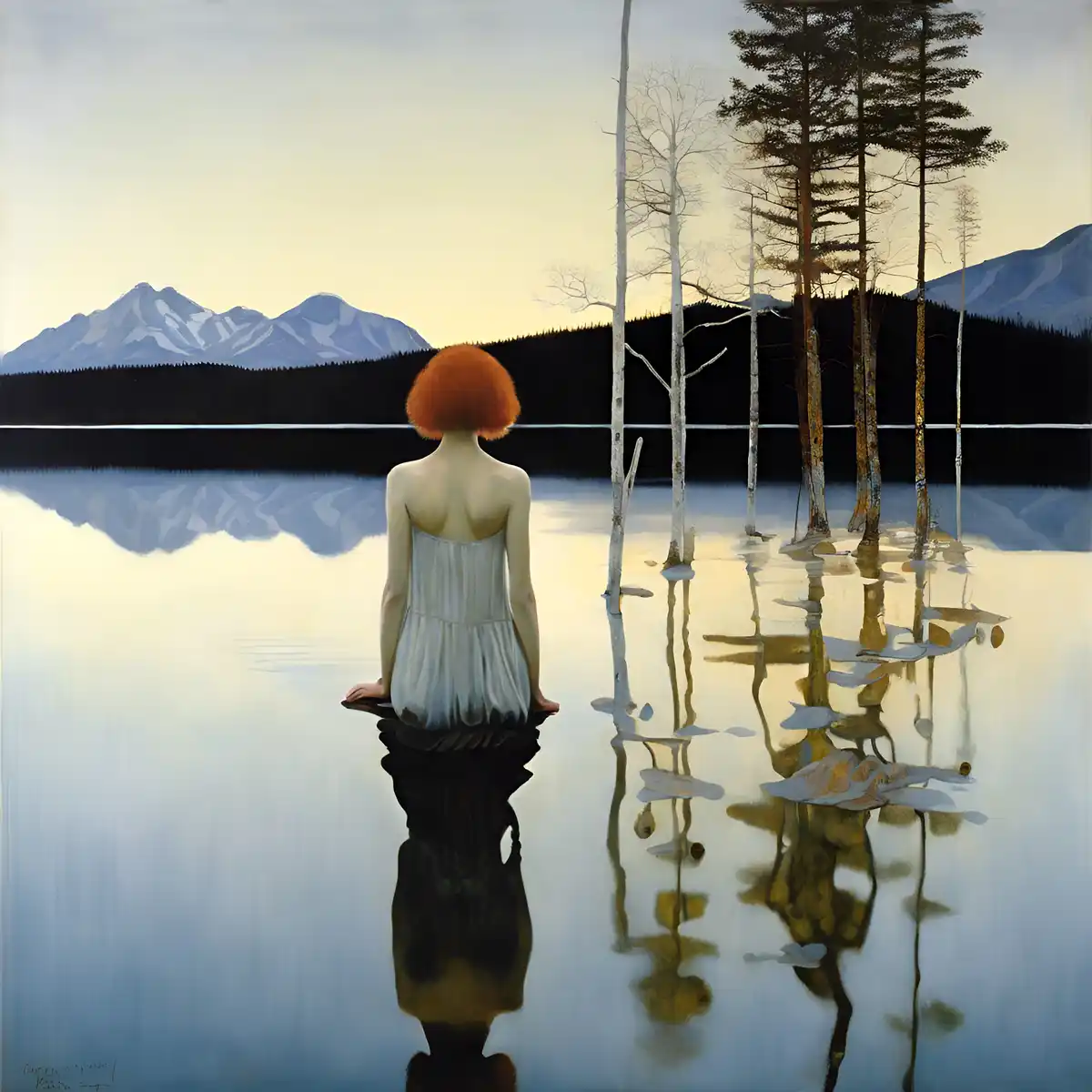 A person with a bright orange afro hairstyle sits barefoot in a calm lake, wearing a white dress, facing away from the…