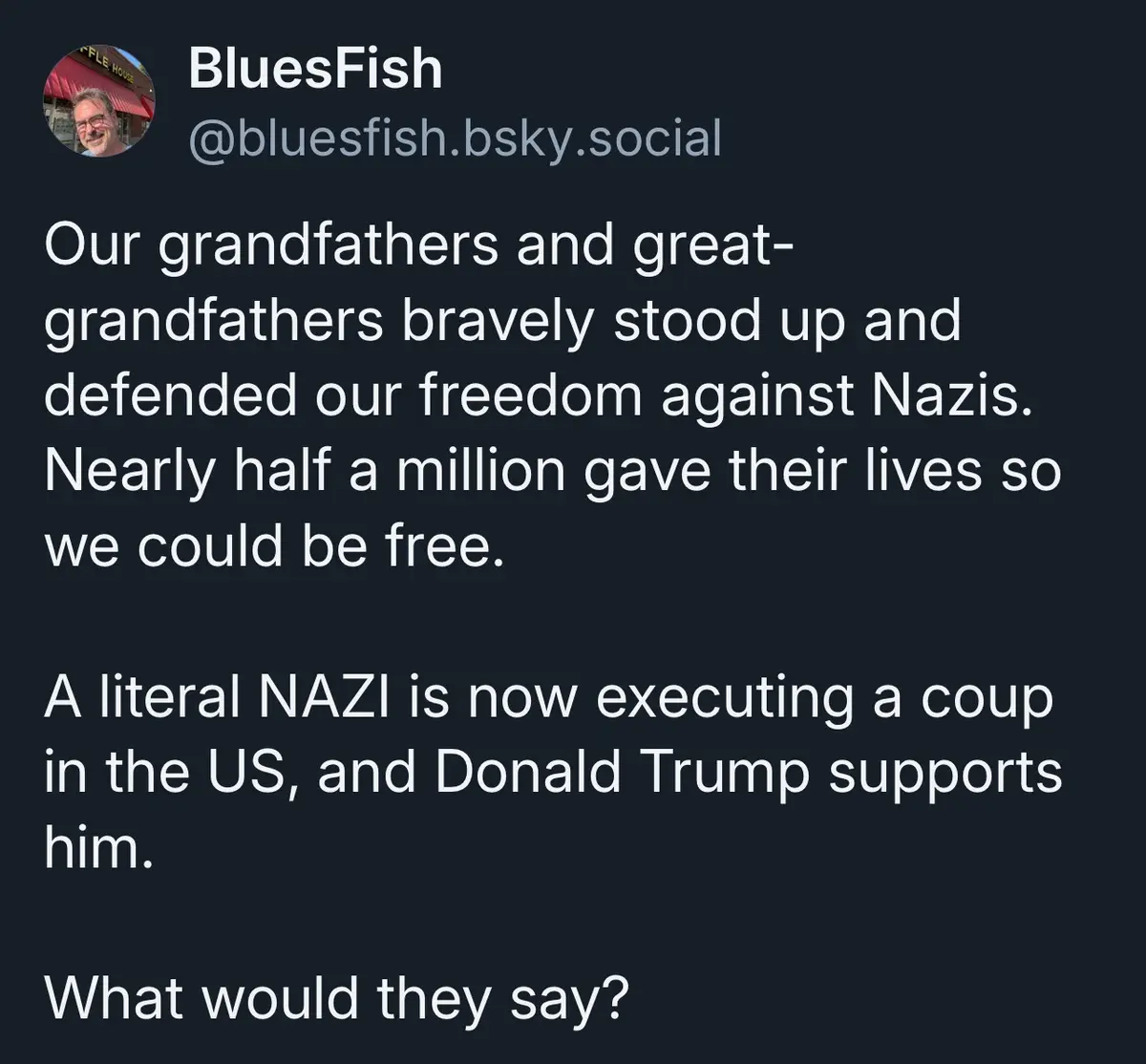 A screenshot of a social media post by 'BluesFish' on a dark background, featuring white text that contrasts with the dark…
