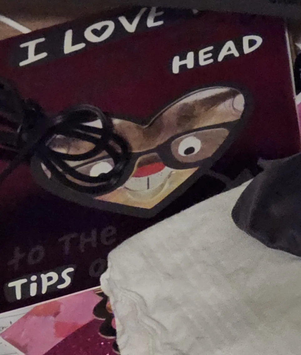 A close-up of a red poster featuring a cartoon character with glasses and a smiling face, partially obscured by a white…