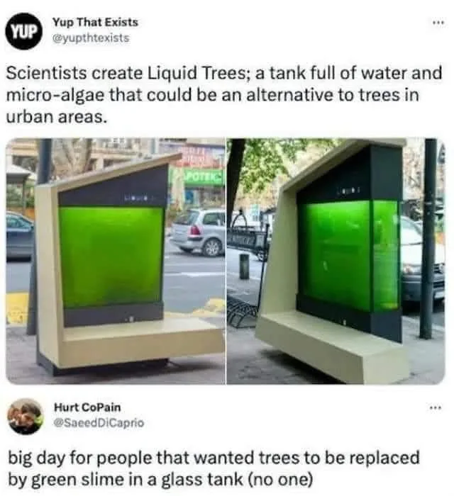 Two side-by-side photos show a beige public bench with a large glass tank embedded in its back, filled with glowing green…