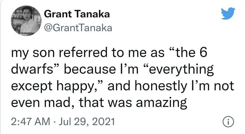 A screenshot of a tweet by Grant Tanaka from July 29, 2021, showing his profile picture and the text of his post. The tweet…