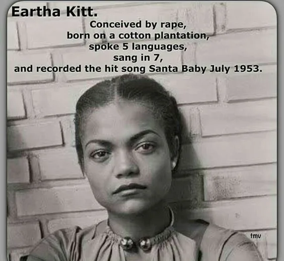 A black-and-white photo of a young Eartha Kitt looking directly at the camera with a serious expression, leaning against a…