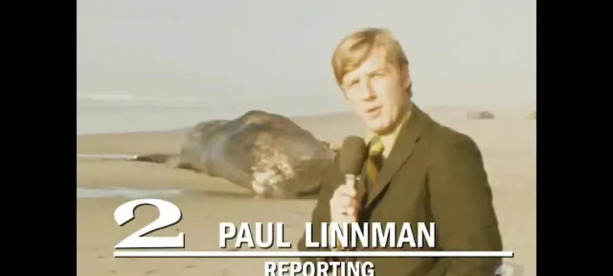 A vintage news clip shows a male reporter in a suit and tie holding a microphone on a beach, with a large dead whale carcass…