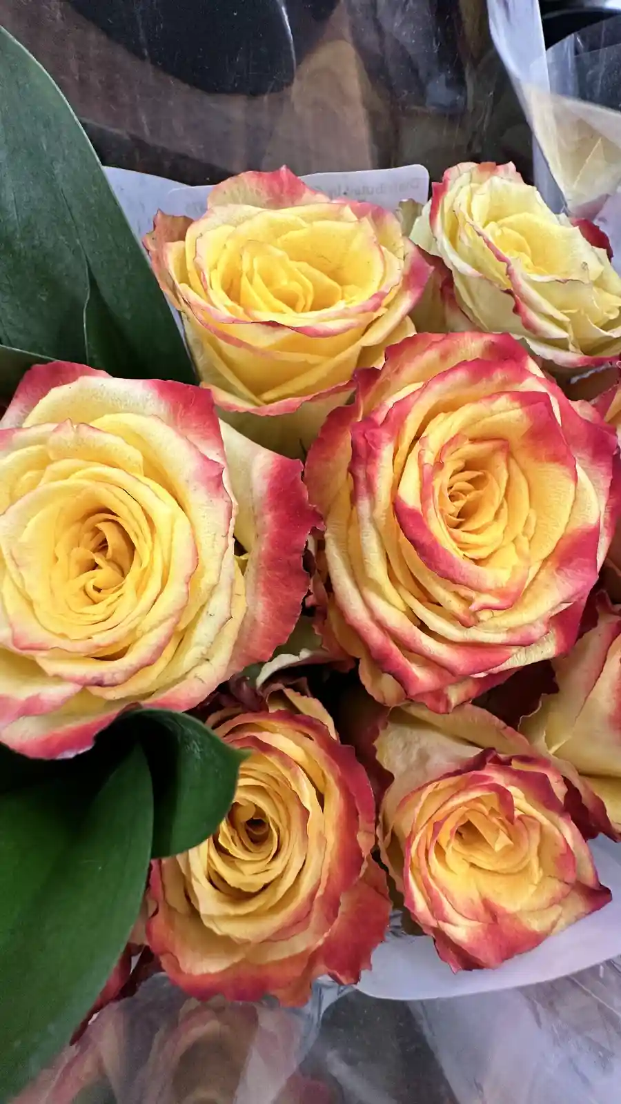 A close-up photo shows a bouquet of vibrant yellow roses with red-tipped petals, nestled in white wrapping paper and green…