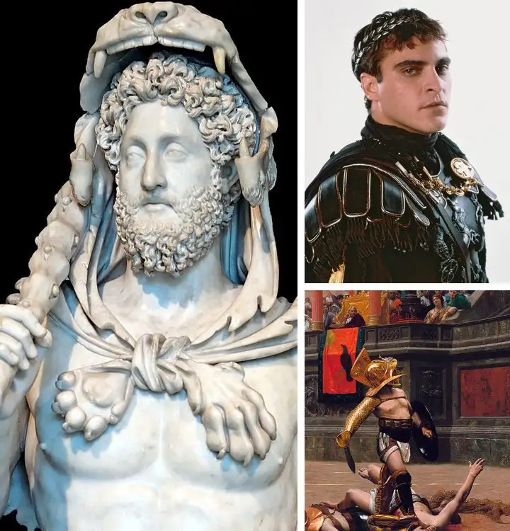 A collage of three images: a marble statue of a bearded man with a lion's head, a man in Roman armor, and a painting of a…