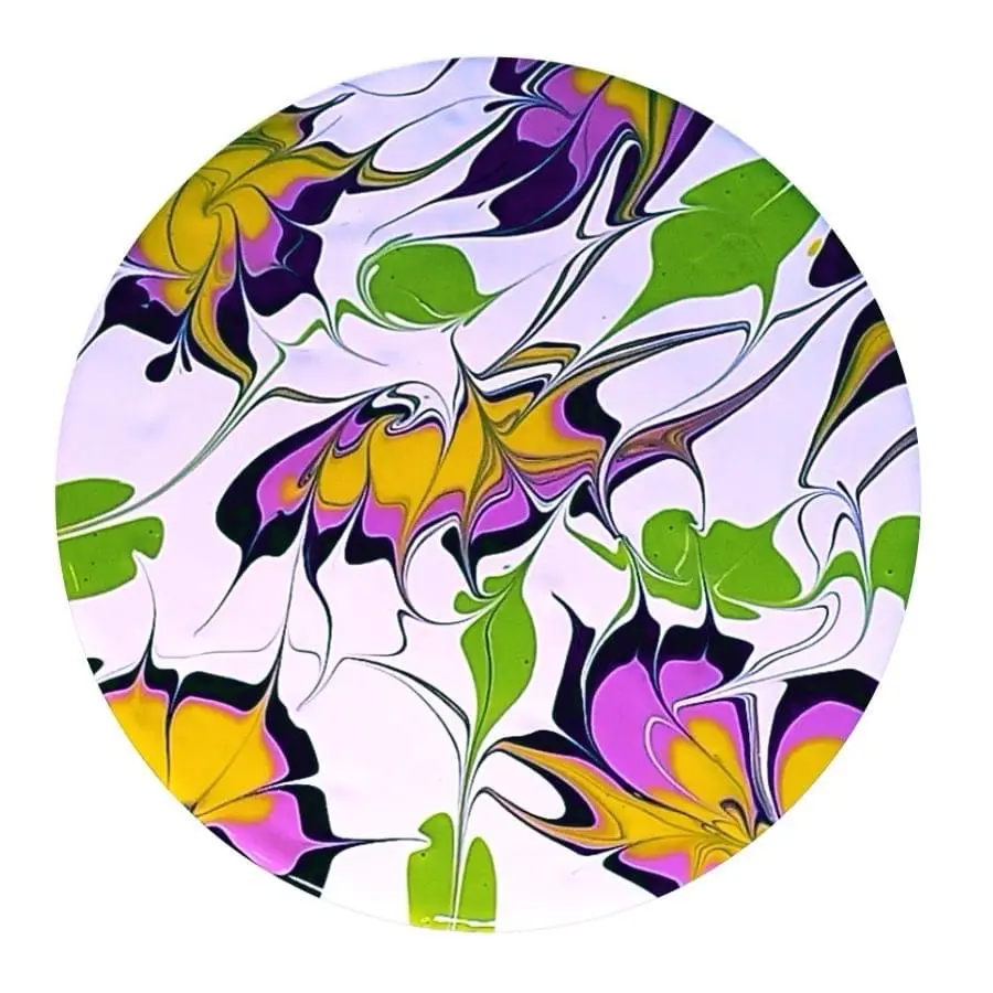A circular abstract image with swirling patterns of purple, yellow, green, black, and white resembling marbled or fluid art…