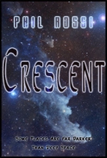 An album cover for 'Crescent' by Phil Rossi, featuring a cosmic background with stars and nebulae. The title 'Crescent' is…