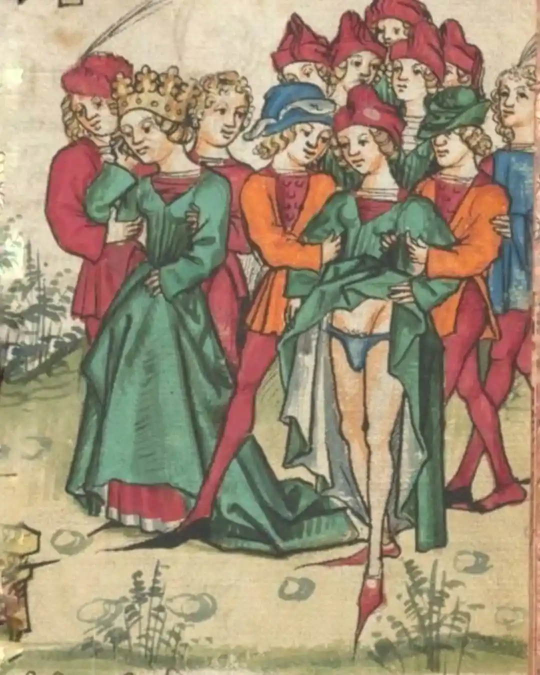 a medieval-style illustration shows a crowned queen in a green gown being carried away by several men in red and orange…