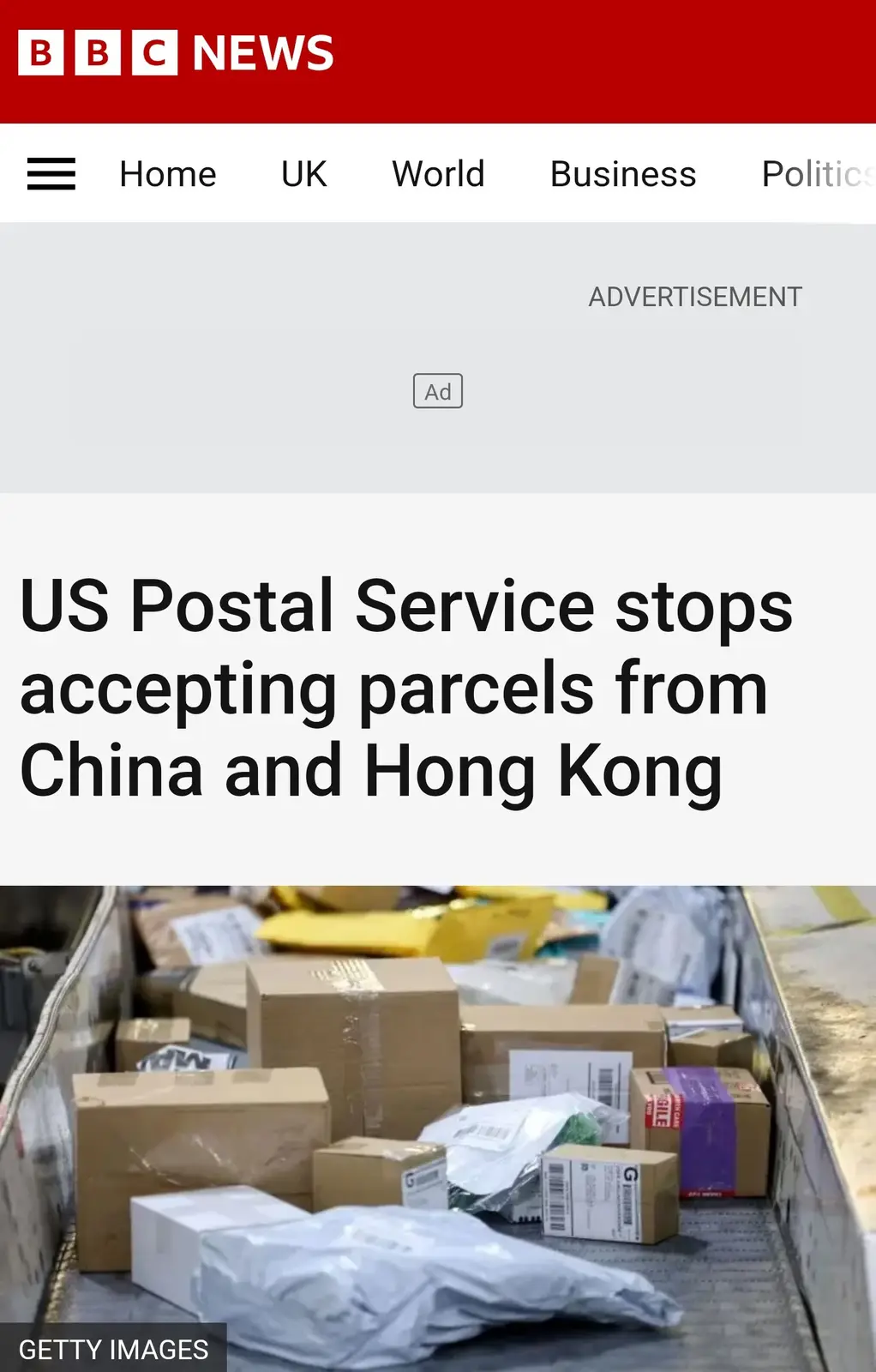 The image shows a screenshot of a BBC News webpage with a headline about the US Postal Service halting parcel acceptance…