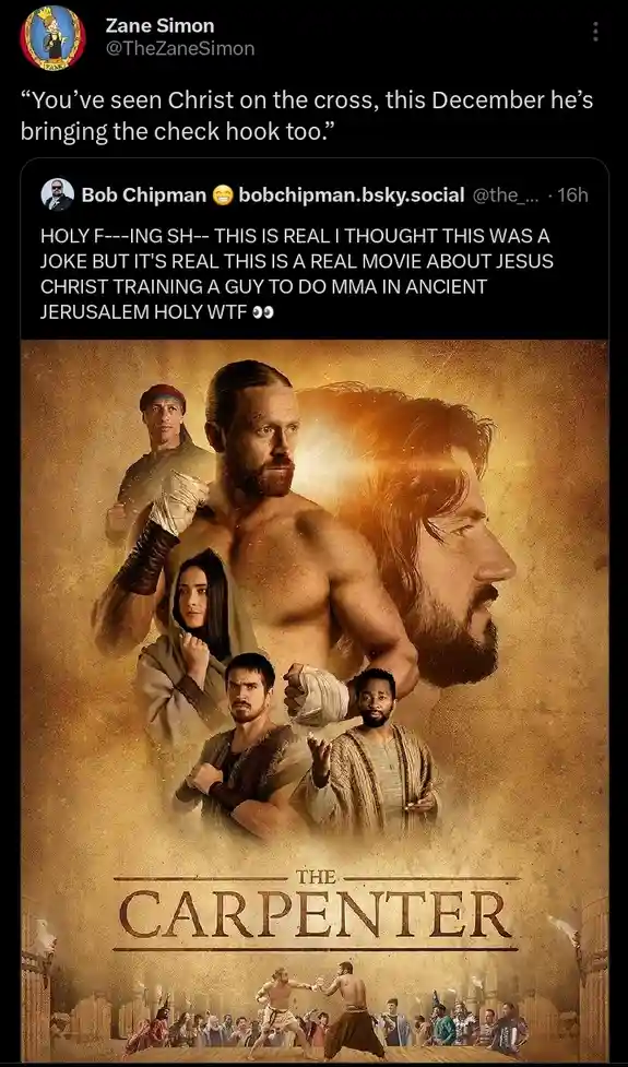 A movie poster for 'The Carpenter' shows Jesus Christ as a muscular, shirtless MMA fighter with wrapped hands, surrounded by…