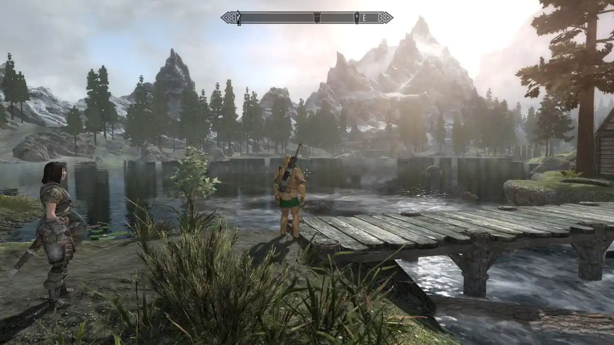 In a serene Skyrim landscape with mountains, a lake, and a wooden dock, two armored characters stand facing each other. The…