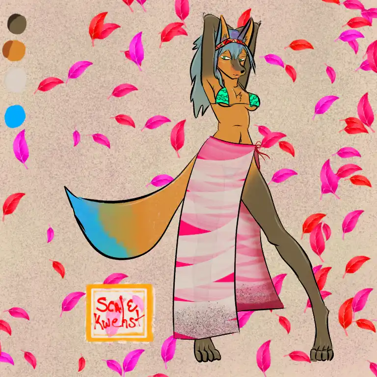 A stylized anthropomorphic fox with blue-gray fur and a long, multi-colored tail stands in a bikini top and a pink and white…