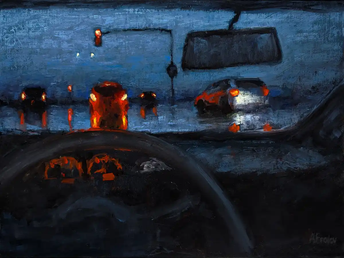 An oil painting depicts a nighttime view from inside a car, showing a wet windshield with reflections of orange car…