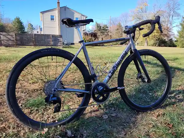 A silver-colored road bike with black tires and handlebars is parked on grass in a backyard, with a house and fence in the…