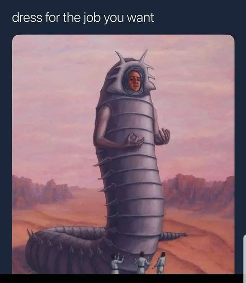 A surreal painting depicts a giant, segmented, armored creature with a human face emerging from its head, standing in a…
